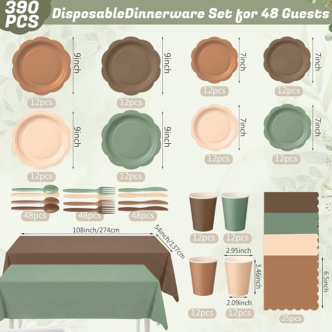 Ceenna 390 Pcs Woodland Baby Shower Decoration for 48 Guests, Sage Green and Brown Paper Plates Napkins Cups Tablecloth Cutlery Forest Tableware Utensil for Safari Jungle Neutral Camo Birthday Wedding