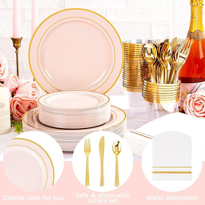 GATHER 700PCS Pink Plastic Plates - Gold Rim Disposable Plastic Dinnerware Set Include 200 Pink Plates, 300 Silverware, 100 Napkins, 100 Cups for Party & Wedding & Mother's Day