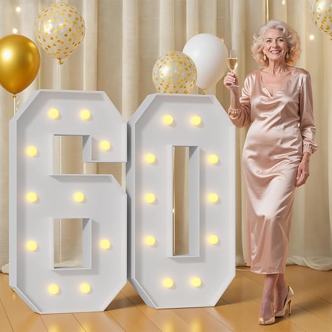 4FT 60 Marquee Numbers 60 Light Up Numbers for Party Large Foam Cardboard Warm White Light Sign Backdrop Birthday Party Decorations
