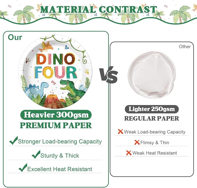 210 Pcs Dinosaur 4th Birthday Party Decorations (Serves 24), Four-Rex Jurassic Dinosaur Birthday Include Banner Hanging Plates Napkins Cups Forks Knifes Tablecloth Topper Balloons for Party