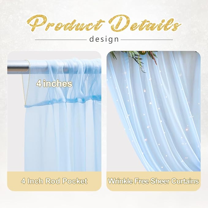 10x10ft Baby Blue Tulle Backdrop Curtain with Lights String for Parites, Sheer Photo Backdrop Curtains with Lights for Wedding Backdrop Ceremony Reception Bridal Shower Baby Shower Birthday Party