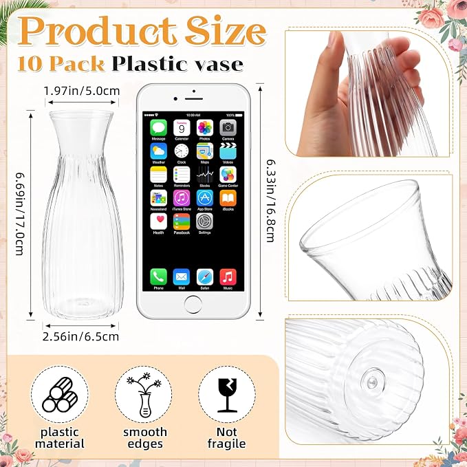 Zeyune 31 Pcs Rose Artificial Flowers with Vase Bulk for Table Centerpiece, 20 Bundles Fake Silk Roses 10 Plastic Clear Vase with 1 Pcs Rope Arrangement Decoration Wedding Home Party(Champagne,Pink)