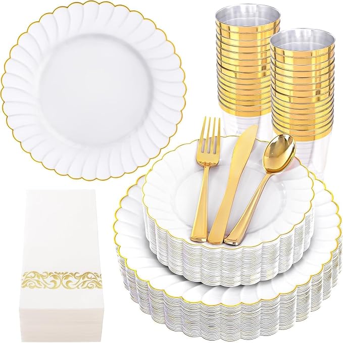 YOUBET 175PCS Gold Scalloped Plastic Plates - White and Gold Disposable Dinnerware Set Include 50 Plates, 75 Gold Silverware, 25 Cups, 25 Napkins for Party & Wedding