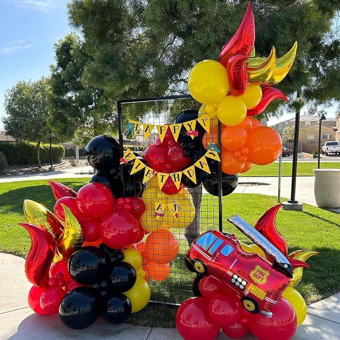 Fire Balloon Garland Arch Kit, 144pcs Red Yellow Chrome Gold Balloons with Fire Truck Foil Balloons for Fireman Party Supplies Birthday Firefighter Rescue Themed Party Decoration (Fire)