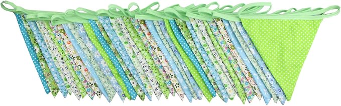 10M/32Ft Triangle Bunting Banner, 36 Pcs Cotton Fabric Flags Pennant Garlands for Birthday Party, Wedding, Baby Shower, Outdoor and Home Decorations (Green)