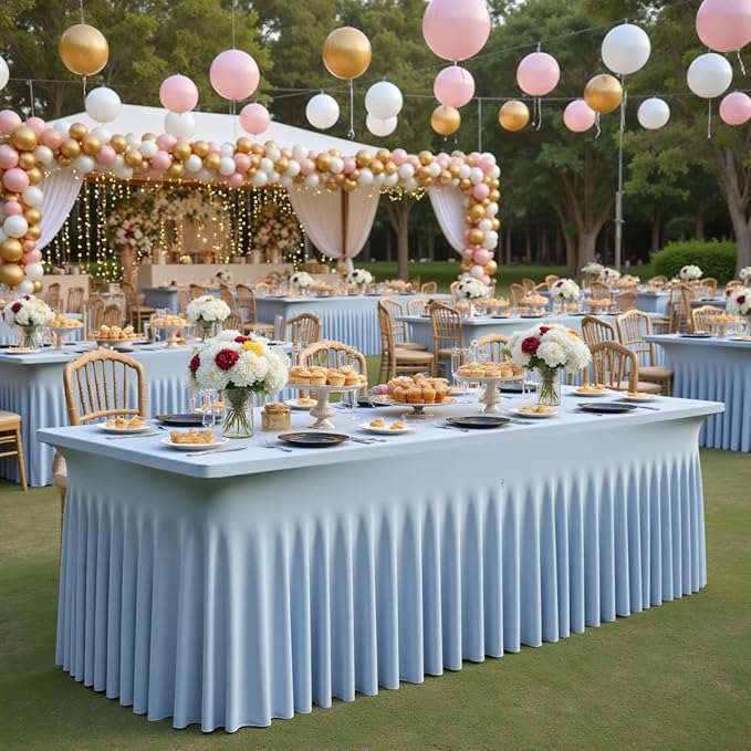 2 Pack Dusty Blue Spandex Table Clothes for 6 Foot Rectangle Tables, Wrinkle Free Fitted Table Cover 6ft Stretch Tablecloths Desk Skirt for Parties Weddings Birthday Banquet Baby Shower