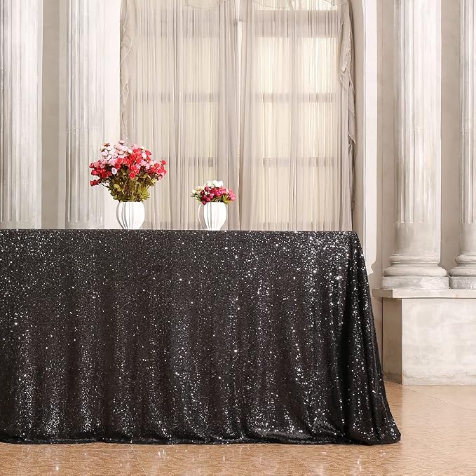 Eternal Beauty Black Tablecloth, 60x120 Inch Sequin Rectangle Table Cover for Cake Dessert Exhibition Party Birthday Events