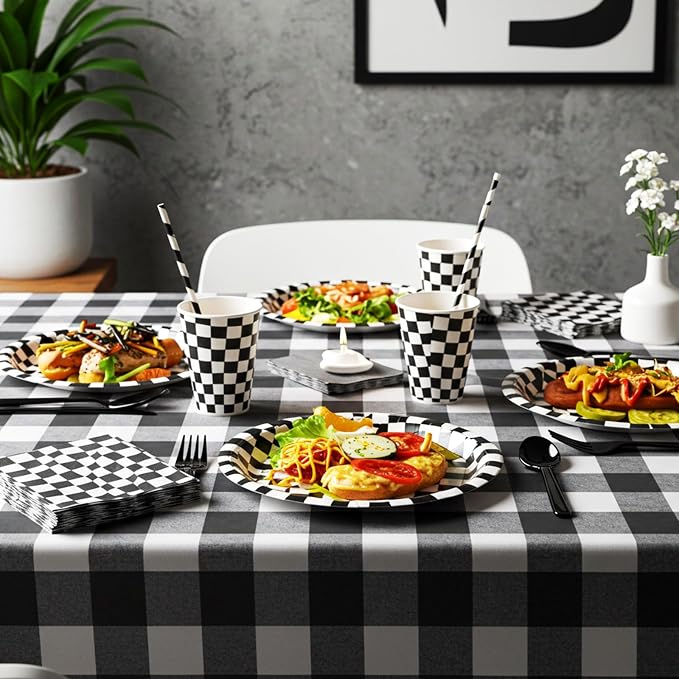Funnymoom 452 Pcs Checkered Flag Party Supplies for 50 Guests, Black and White Checkered Paper Plates Napkins Cups Tablecloth Cutlery Straws for Race Car Birthday Party Decorations