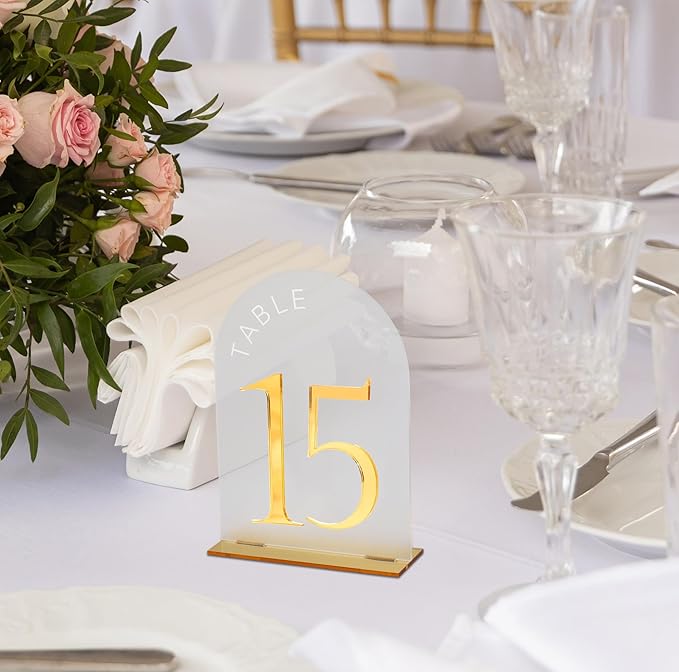 Frosted Arch Gold Table Numbers - 5x7" Frosted Arch Acrylic Table Signs with Gold Mirror Numbers for Banquet, Party, Event, Anniversary