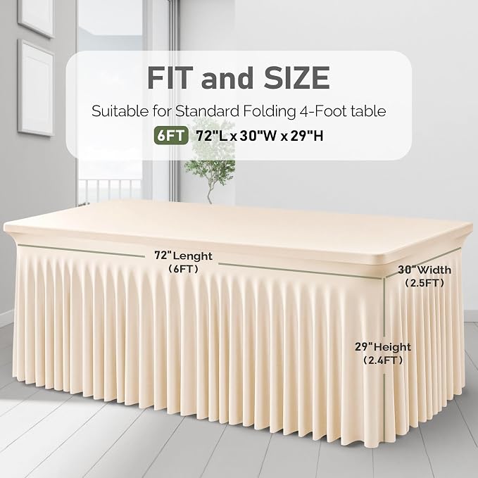 1 Pack Light Champagne Table Clothes for 6 Foot Rectangle Tables, One-Piece Wrinkle Resistant Stretch Spandex Table Covers with Skirt for Event Banquet Wedding Birthday Party