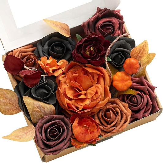 Ling's moment Fake Flowers Box, Faux Artificial Greenery Stems Foam Roses Silk Peony Eucalyptus Fabic Flower for Centerpieces Bouquet Wedding Vase Floral Decorations, Black & Orange, Mini Combo