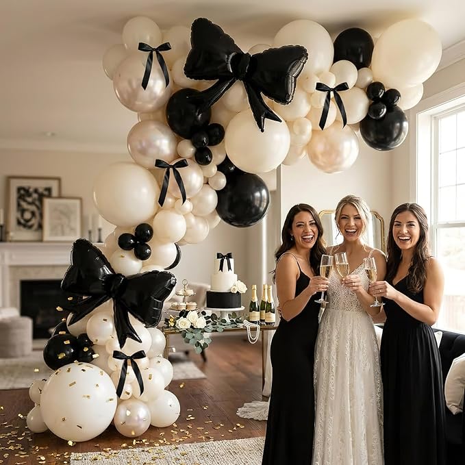 Black Bow Birthday Party Decorations 122pcs black Ivory White Double Stuffed Pearl White Balloons with Bow Foil Balloons for Girl Coquette Birthday Wedding Bridal Party Decorations
