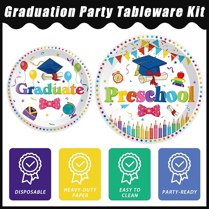 Kepeel 96pcs Preschool Graduation Party Plates and Napkins Set, Pre-K Grad Party Supplies Decorations Preschool Kindergarten Graduation Disposable Paper Plates for Boys Girls, Serves 24 (White)