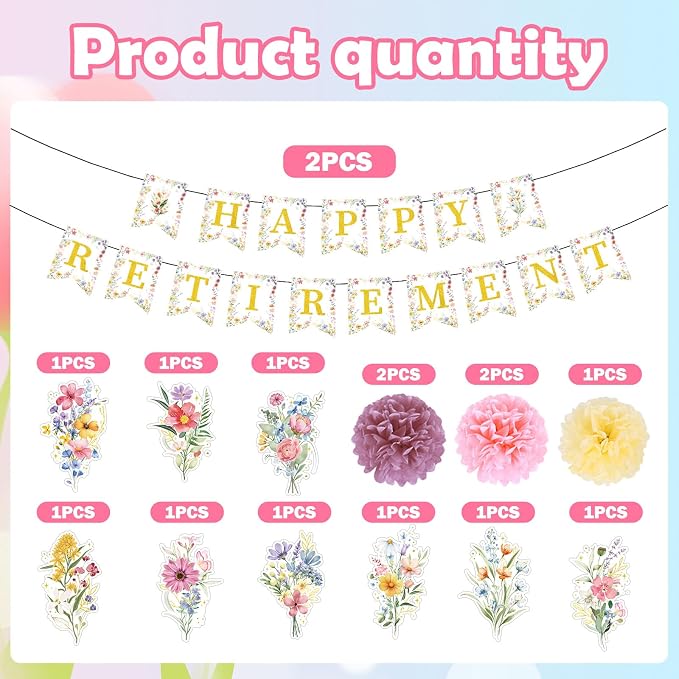 Rakuto Wildflower Happy Retirement Party Decorations for Women, 16PCS Floral Gold Retirement Banner with Hanging Swirls Decoration, Flower Just Retired Paper Pom Poms Decor Supplies