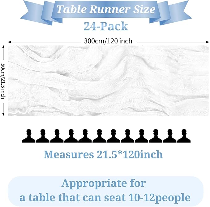 24 Pack White Table Runner, 10FT Cheesecloth Table Runner Long Romantic Semi Sheer Rustic Boho Gauze Table Runners for Wedding Bridal Shower Birthday Party Decorations(21.5×120 Inch)