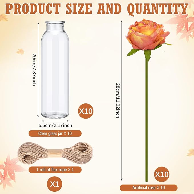Qinyoung 10 Set Dried Pampas Grass Centerpiece for Wedding Baby Shower Party 10 Glass Flower Jars 10 Artificial Roses 80 Dried Pampas Grass with Rope for Rustic Bridal Farmhouse Decoration (Orange)