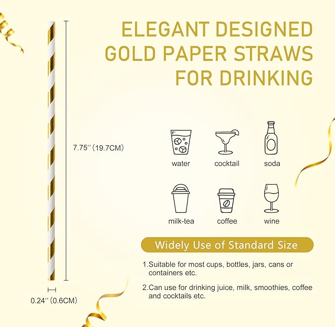 PakTalk 100 Pack Gold Paper Straws, Gold and White Striped Disposable Straws for Cake Pops Party Decoration in Birthday Baby Shower Wedding(7.75" x 0.24")