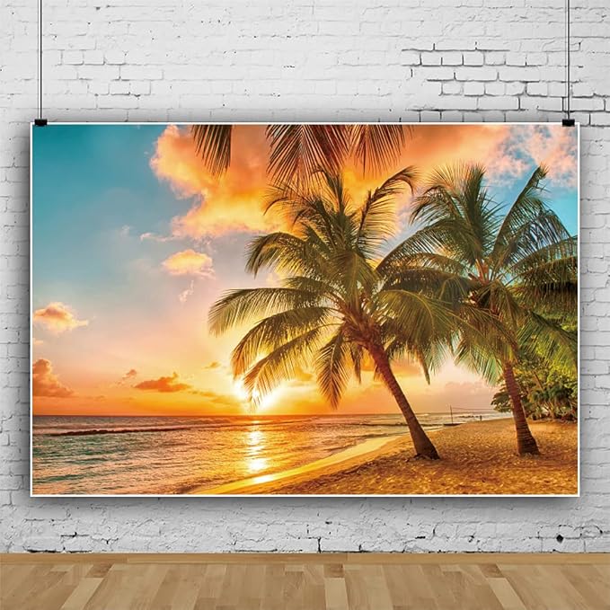 Yeele 15x10ft Summer Beach Sunset Backdrop Tropical Seaside Palm Trees Nature Scenery Background for Photography Travel Wedding Party Decorations Baby Kids Family Portraits Shoot Photo Studio Props