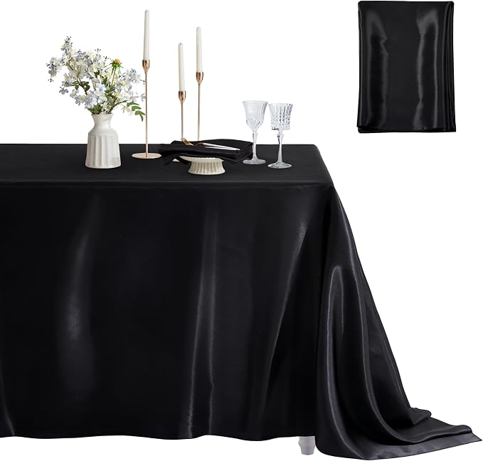 1 Pack Square Satin Table Cover Silkly Soft Table Cloth, Satin Dining Table Cloths for Wedding Banquet Table Decoration, Dining Room, Indoor and Outdoor Use, 52 x 52 Inches, Black