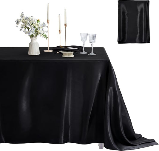 1 Pack Satin Table Cover Rectangle Silkly Soft Table Cloth, Satin Dining Table Cloths for Wedding Banquet Table Decoration, Dining Room, Indoor and Outdoor Use, 60 x 120 Inches, Black