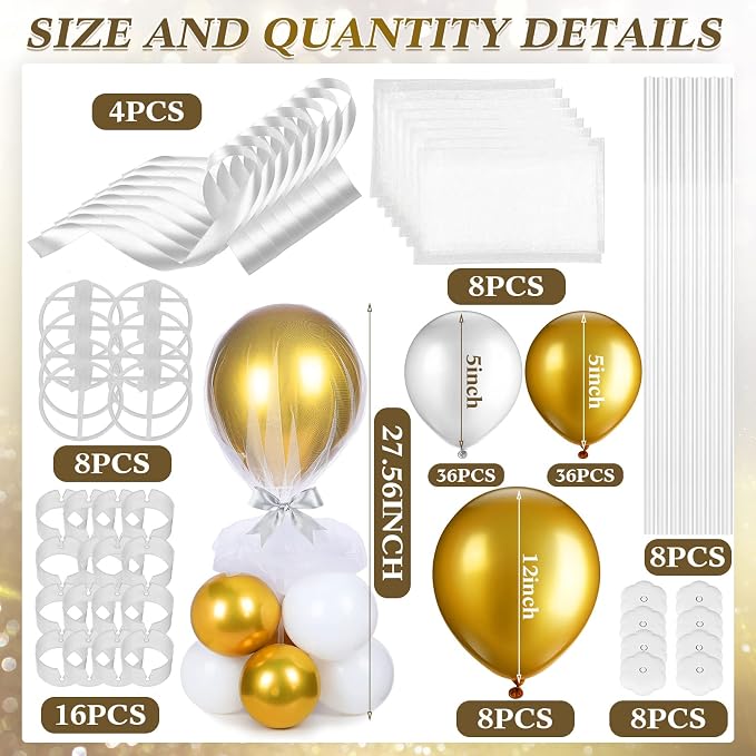 BBTO 8 Set Gold and White Table Centerpieces Balloons Stand Kit, Latex Balloons and Table Stand Holder with Base Tulle for Wedding Birthday Grad Prom Centerpieces Party Back to School Baby Shower