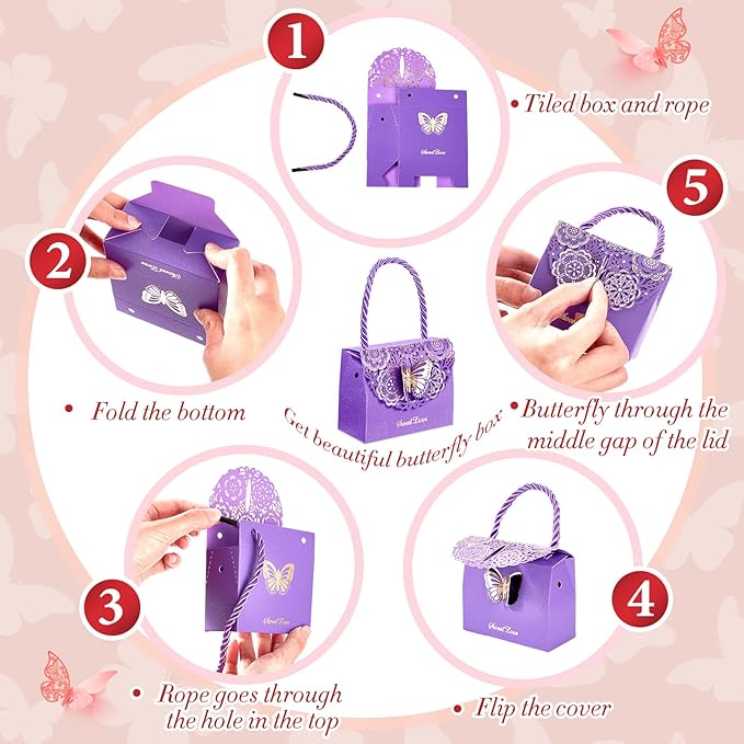 Outus 50 Pcs Butterflies Purse Party Favor Bags Favor Boxes Butterfly Goodie Bags Candy Party Treat Boxes for Wedding, Birthday, Bridal Shower Gift Supplies(Purple)