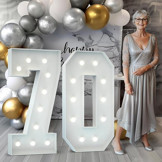 Marquee Numbers 4 Feet Tall: Large 70th Birthday Decorations for Her Him 4FT Light Up Numbers White Anniversary Party Decor Big Backdrop Foam Cardboard Number 70