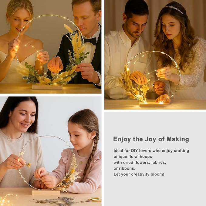 12 Pack Floral Hoop with Stand and LED Fairy Lights 10 inch Metal Rings for DIY Centerpiece Table Decorations Crafts Macrame Rings Hoop Wreath Dream Catcher Rings Wedding Christmas Wreaths, Silver