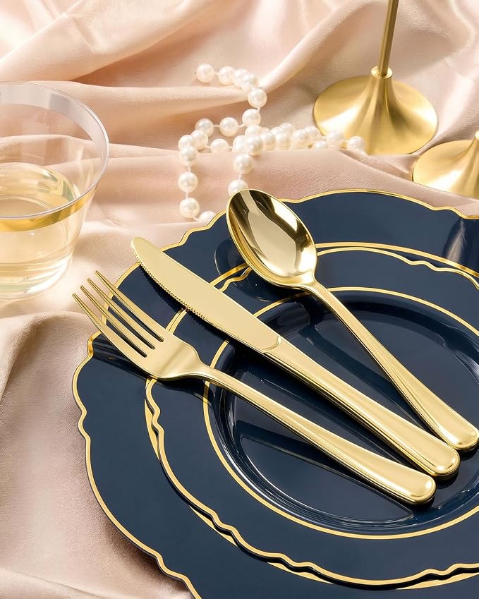 realluck 350 Piece Navy Blue Plastic Dinnerware Set for 50 Guests Elegant Disposable Dinnerware for Weddings, Parties, 100 Plastic Plates, 50 Pre Rolled Napkins with Silverware, 50 Cups