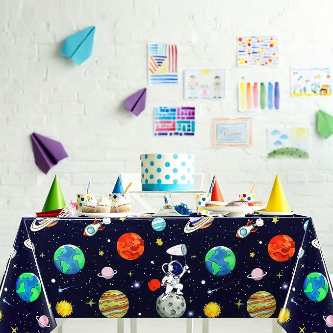 Oudain 6 Pcs Space Tablecloth Decorations Plastic Galaxy Table Cloth Space Theme Birthday Party Supplies for Boy Spaceship Planet Astronaut Rockets Disposable Table Covers, 54 x 108 Inch