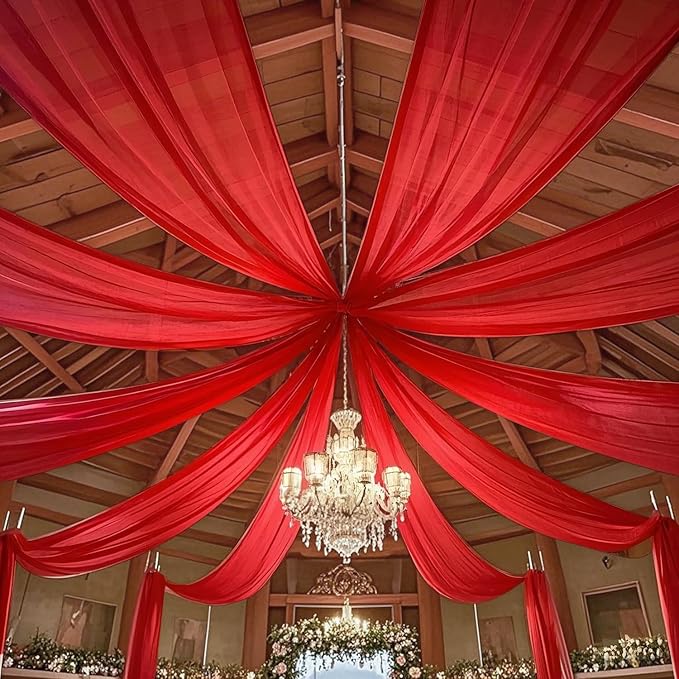 MODFUNS 4 Panels Red Ceiling Drapes 5FTx20FT Chiffon Fabric Draping Fabric Sheer Wedding Ceiling Drapery Chiffon Curtains for Backdrop Swag Drape Curtains for Wedding Arches Anniversary Tent Draping
