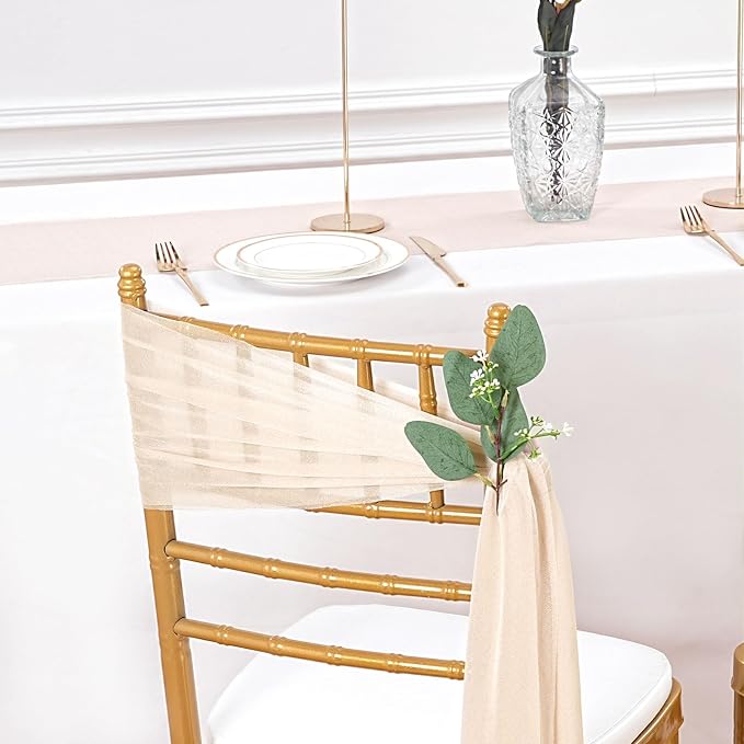 QueenDream Wedding Chair Sashes Aisle Decorations: 24 Pack Champagne Chair Cover 8FT Long Tulle Draping Fabric Reception Church