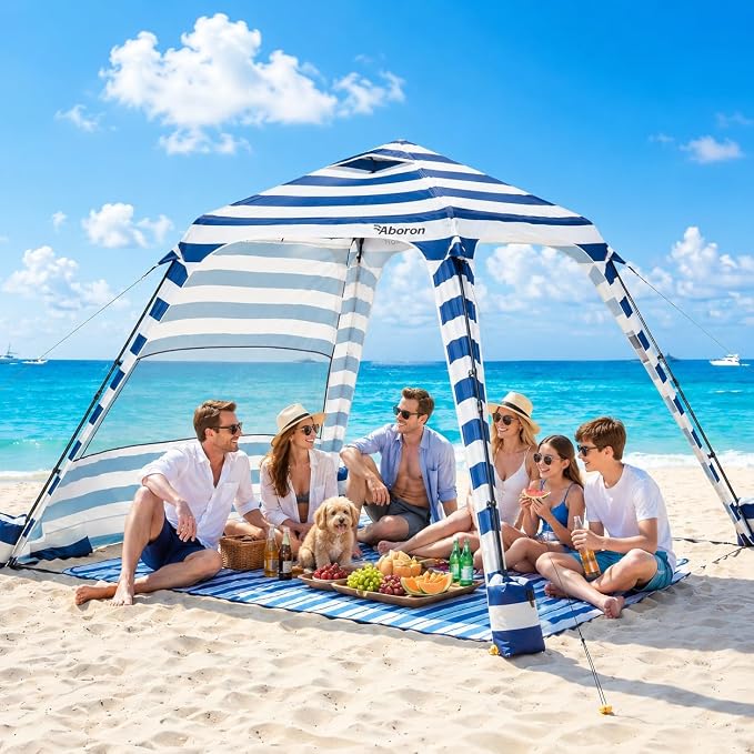 Slsy Beach Tent 10 x 10 FT, Beach Shelter with Removable Side Wall, UPF 50+ Sun Protection Canopy Cabana, Easy Setup Shade with Sandbags, Stakes & Guy Lines, Wind Resistant, Fits 6 People