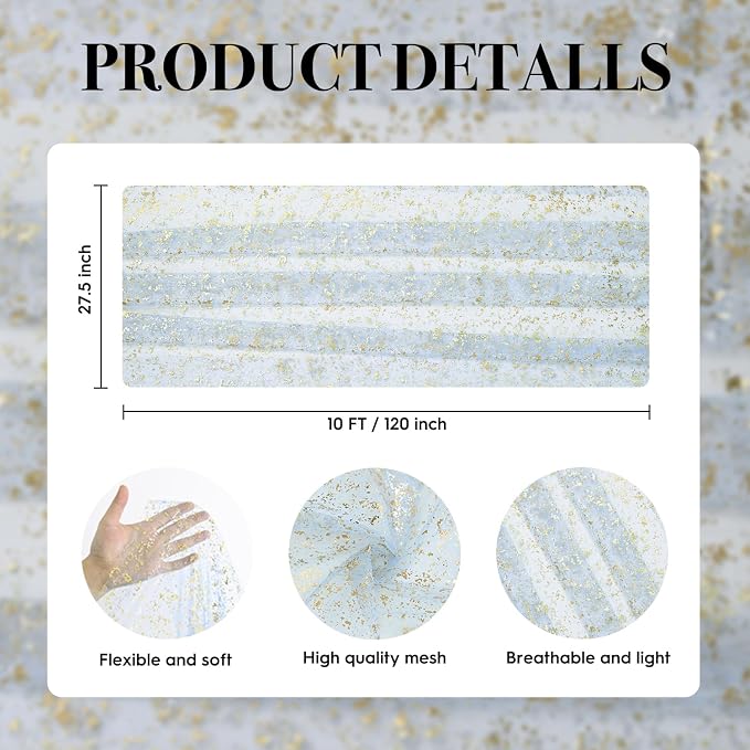 Artoid Mode 6PC Gold Gauze Light Blue Table Runner 120 Inch 10FT, Glitter Metallic Foil Sheer Dining Wedding Anniversary Holiday Birthday Table Decor for Home Party
