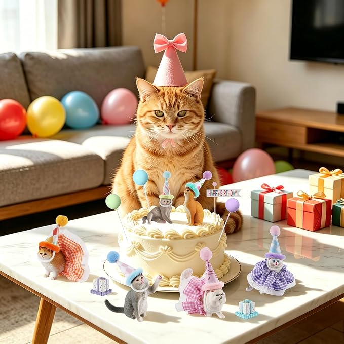 42Pcs Cat Birthday Party Decorations Kit, Mini Cat Figurines Hat Skirt Gift Boxes Balloons & Banners, Cute Cats Cake Cupcake Topper for Animals Themed Birthday Party