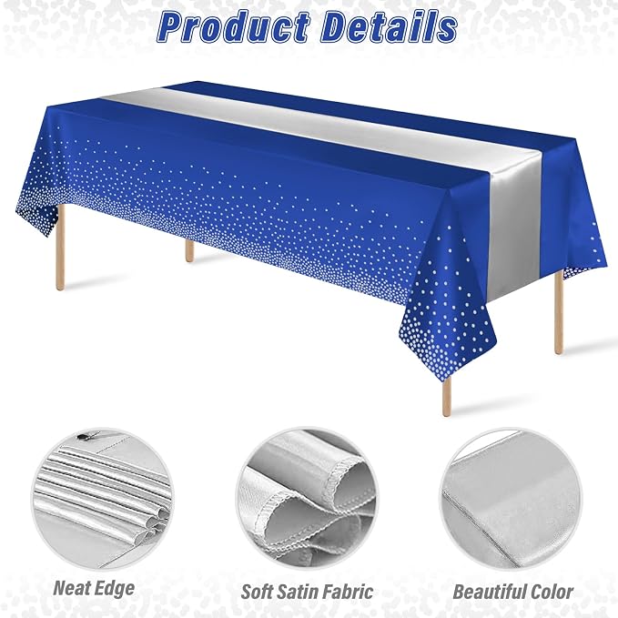 24 Pack Blue and Silver Tablecloth and Table Runner Party Decorations, Blue and Silver Plastic Disposable Tablecloth and Satin Table Runner for Wedding Birthday Bridal Graduation Anniversary Party