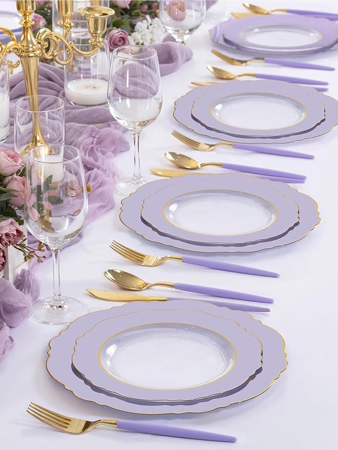WDF 60pcs Clear Purple Plates Disposable with Gold Rim - Baroque Lavender Purple Plastic Plates for Party/Wedding/Spring Picnic/Mother's Day