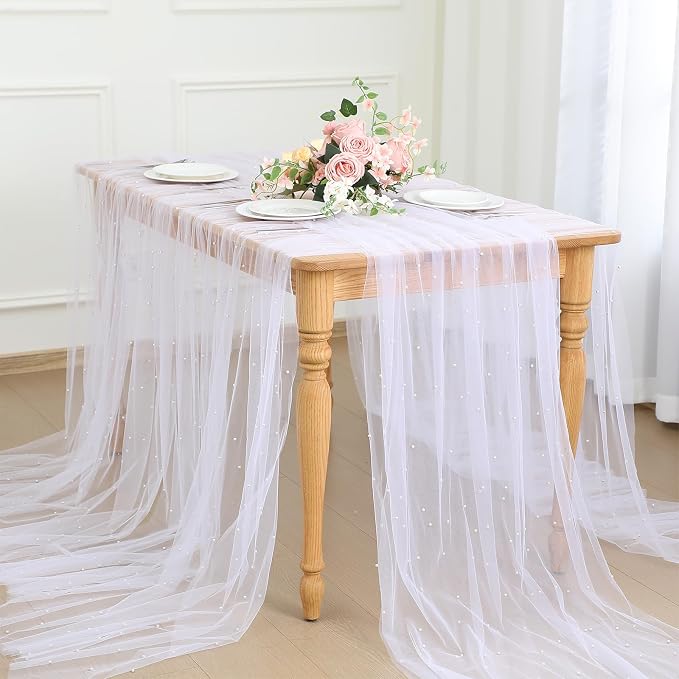 Hahafelt Set of 6 Pearl Table Runner 10 ft Boho Tulle Table Runner with Pearls Tulle Fabric Lace Tablecloth for Baby Shower Wedding Arch Decor Veil Dessert Decor (White)