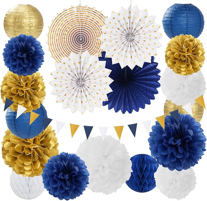 Navy-Blue White Gold Party-Decorations - 20pcs Graduation 2026 Paper Lanterns Fans,Tissue Pom Poms,Honeycomb Ball,Birthday Bridal Celebration Bachelorette Baby Shower Wedding Homecoming Decor Burgleda