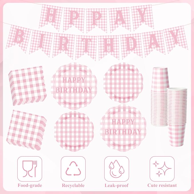 LemonRoad 128 Pcs Pink and White Birthday Party Decoration Women for 25 Guests, Gingham Checkered Light Pink Birthday Paper Plates Napkins Cups Tablecloth Forks Banner for Birthdays Party Supplies
