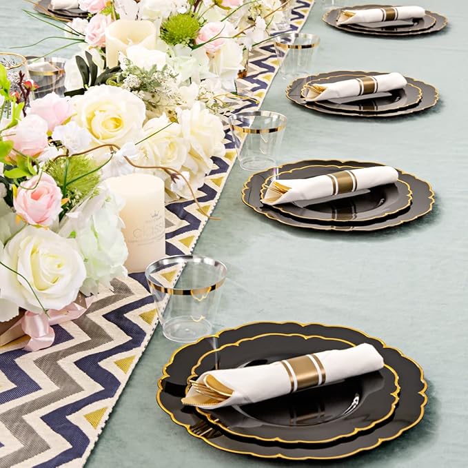 Morejoy 175PCS Black and Gold Plastic Plates, Black Plastic Dinnerware Set for 25 Guests,Include 25 Dinner Plates, 25 Dessert Plates, 25 Cups, 25 Pre Rolled Napkins with Gold Silverware for Party