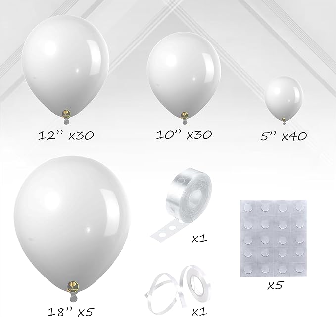 AFTERLOON® Biodegradable Balloons 112pcs White Different Sizes 18" 12" 10" 5" Balloon Garland Arch Kit perfect for Birthday Party, Graduation, Baby Shower, Wedding, Holiday Decoration and Anniversary