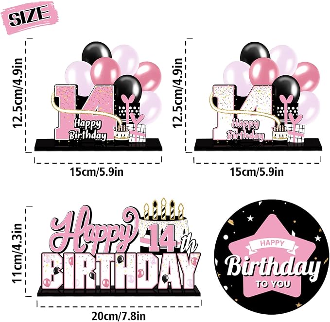 LINGTEER Happy 14th Birthday Pink Acrylic Table Topper Centerpieces Set - Cheers to 14 Years Old Birthday Fourteen Bday Party Gift Decorations.
