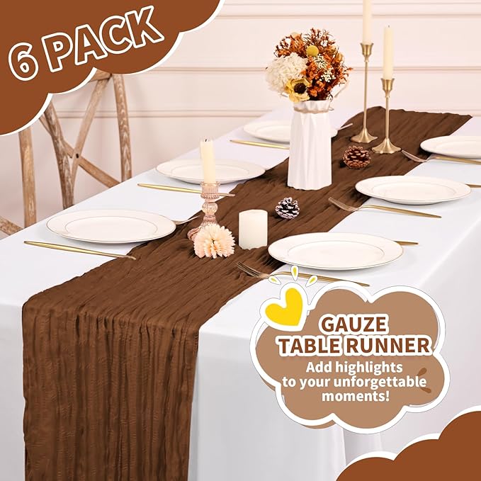 6 Pack Cheesecloth Table Runner,Brown Table Runner Long Romantic Semi Sheer Rustic Boho Gauze Table Runners for Wedding Bridal Shower Birthday Party Decorations(17.7×108 Inch)