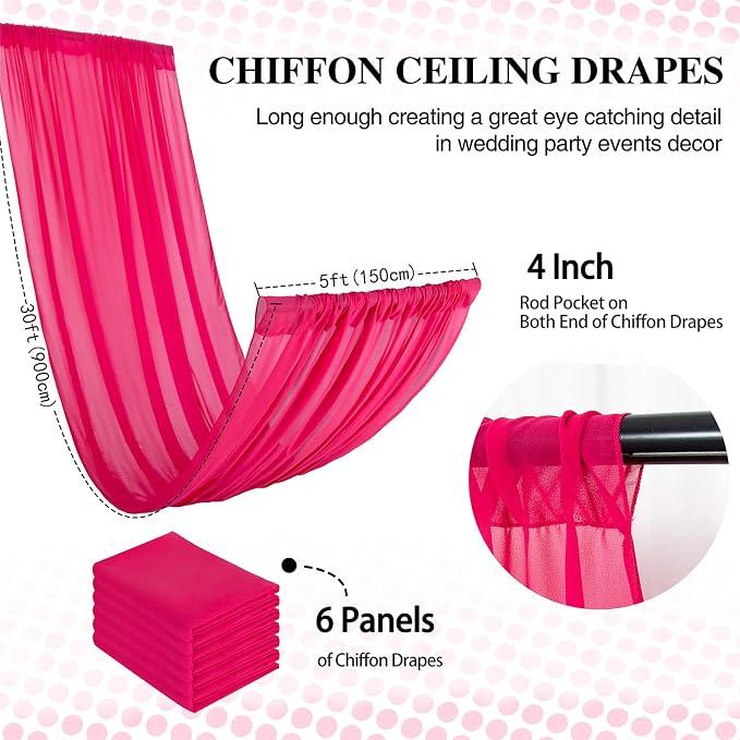 DUOBAO Ceiling Fabric Drapes for Weddings 5x30 Sheer Voile Chiffon Fabric Draping Hot Pink Chiffon Curtains, 6 Pieces Tulle Sheer Drapes for Party Backdrop Curtain and Special Events, 5x30feet