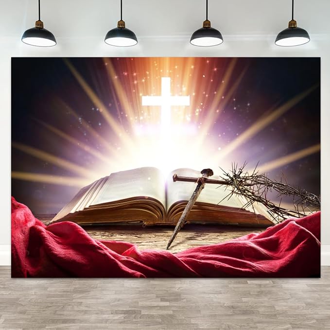 12x6ft Bible Crucifix Backdrop Christian Cross Photography Background Jesus Christ Crown of Thorns Opened Book Church Events Banner Decorations Easter Religious Portrait Photo Booth Prop