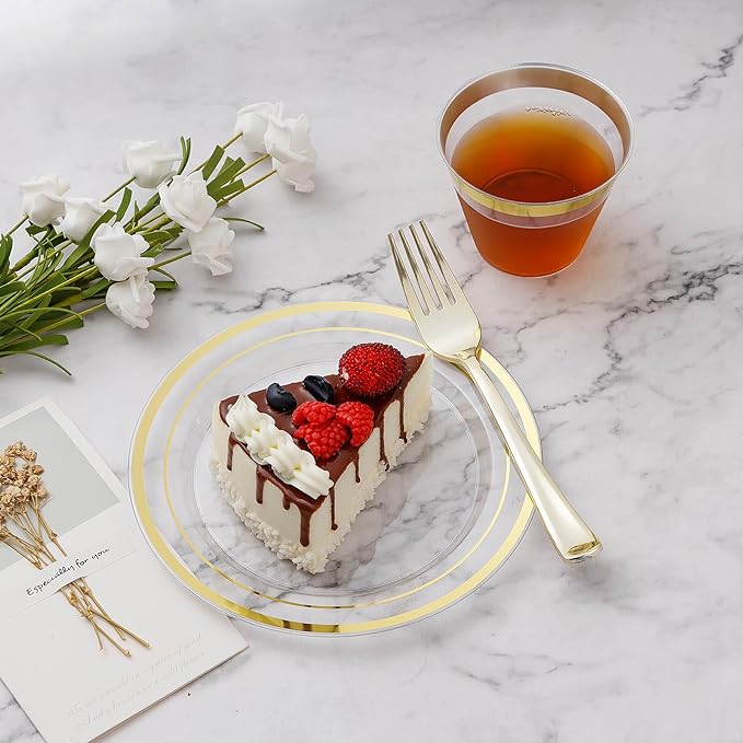 BESTVIP 600PCS Clear Gold Plastic Plate Set (100 Guests), Plastic Plates for Party Wedding Birthday, Disposable Dinnerware Set of 200 Plates, 200 Forks, 100 Spoons, 100 Knives for Christmas