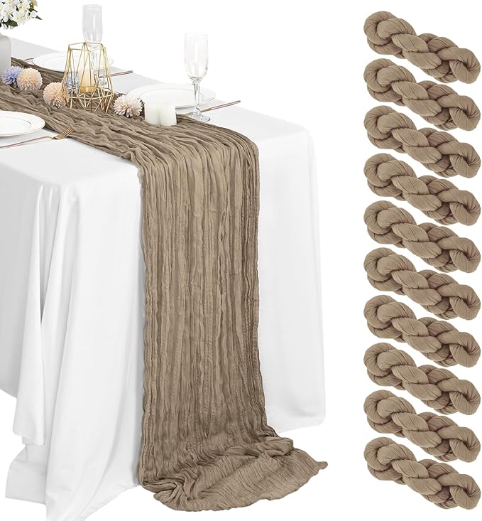 10 Packs Cheesecloth Table Runner Coffee, 10Ft x 35" Rustic Gauze Boho Wedding Table Runner Decoration, Wedding Table Decor Table Cloth for Wedding Party Bridal Shower Table