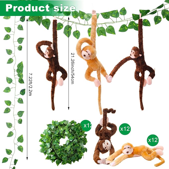 6 Pcs Hanging Monkey Stuffed Animal Jungle Classroom Party Decoration with 12 Pcs 7.22ft Artificial Vine Plush Hook and Loop Fastener for Kids Rainforest Safari Birthday VBS(Dark Brown, Yellow,21 in)
