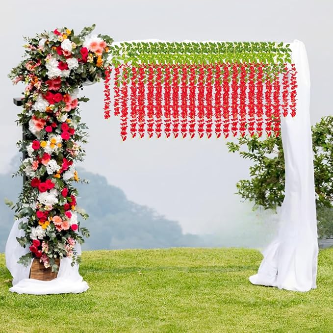 Artificial Wisteria Hanging Flowers Fake Wisteria Flower Garland Silk Vines Rattan Decor for Home Wedding Arch Wall Garden Greenery Bedroom Outdoor Office Party Decoration(24, Red)